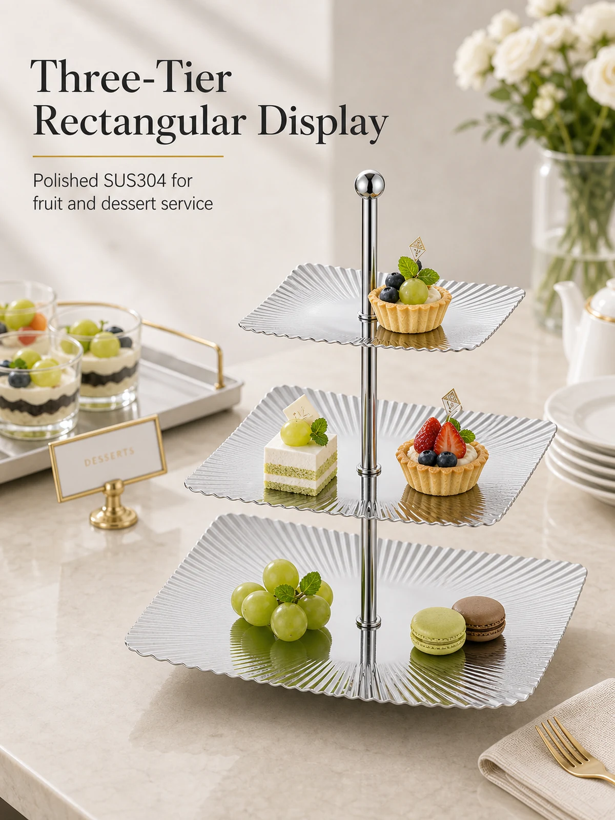 SUS304 rectangular ribbed three-tier dessert stand for buffet display